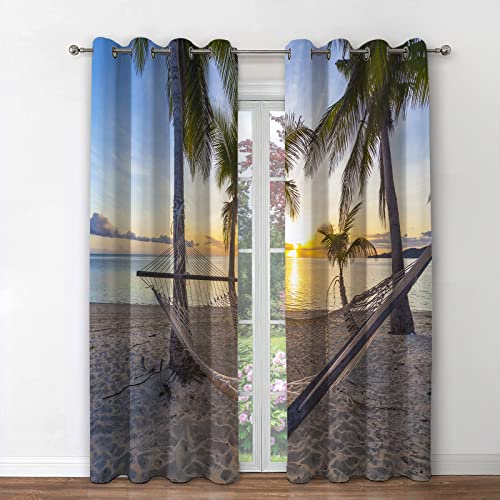 Jekeno Ocean Palm Trees Blackout Curtains Beach Sky Sunshine Seascape Decor for Bedroom Living Room Grommet Window Drapes 2 Panel Set, 42"x63"