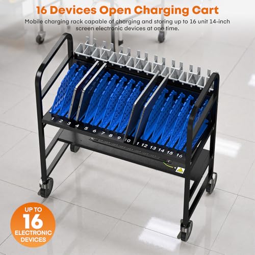 Image of 16-Device Laptop and Tablet Charging Station, Open Charging Cart with Cord Charger Management, Grounding Protection - Chromebook Organizer for Classroom, Office and Libraries