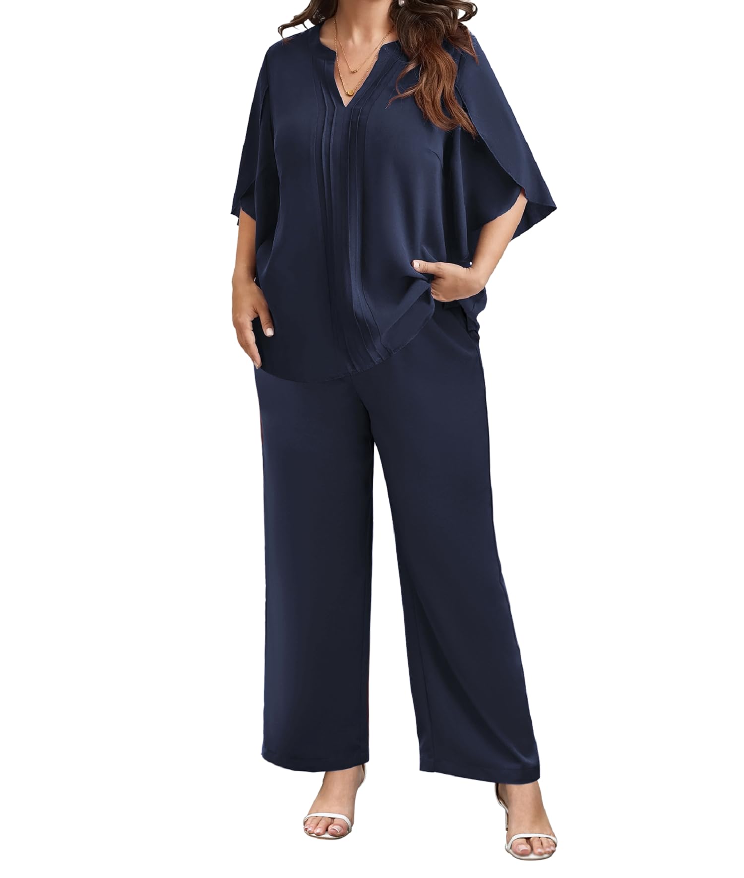 Theenkoln Damen Großgrößen Chiffon Set 2-teilig Elegantes Outfit V-Ausschnitt Top Fledermausarm Hoher Taille Hose