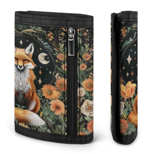Fox Flower Moon Trifold Wallet with ID Window ID Card Holder Wallets Travel Wallet Coin Zipper Pocket3