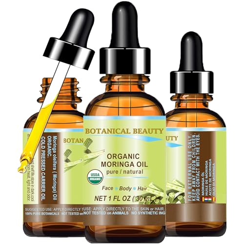 Botanical Beauty‎ Organic Moringa Oil 100% Pure Natural Undiluted 1 Fl.oz.- 30 ml. for Face Skin, Hair, Lips, Body, Nails Rich in Vitamin C, Vitamin E