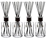 Whole HOUSEWARES | Diffuser with Sticks Set of 4 7.5 oz | Empty Refillable Glass Aromatherapy Diffuser Bottles with Leather Cord and 32pcs Black Fiber Sticks | Reed Diffuser Bottle for Essential Oils