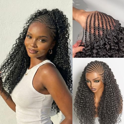Frodio 136 Cornrow Braided Wig for Black Women Veralux Fiber 24 Inches Water Wave Lace Front Wig Pre-Cut Lace Wig Natural Look Beginner Friendly