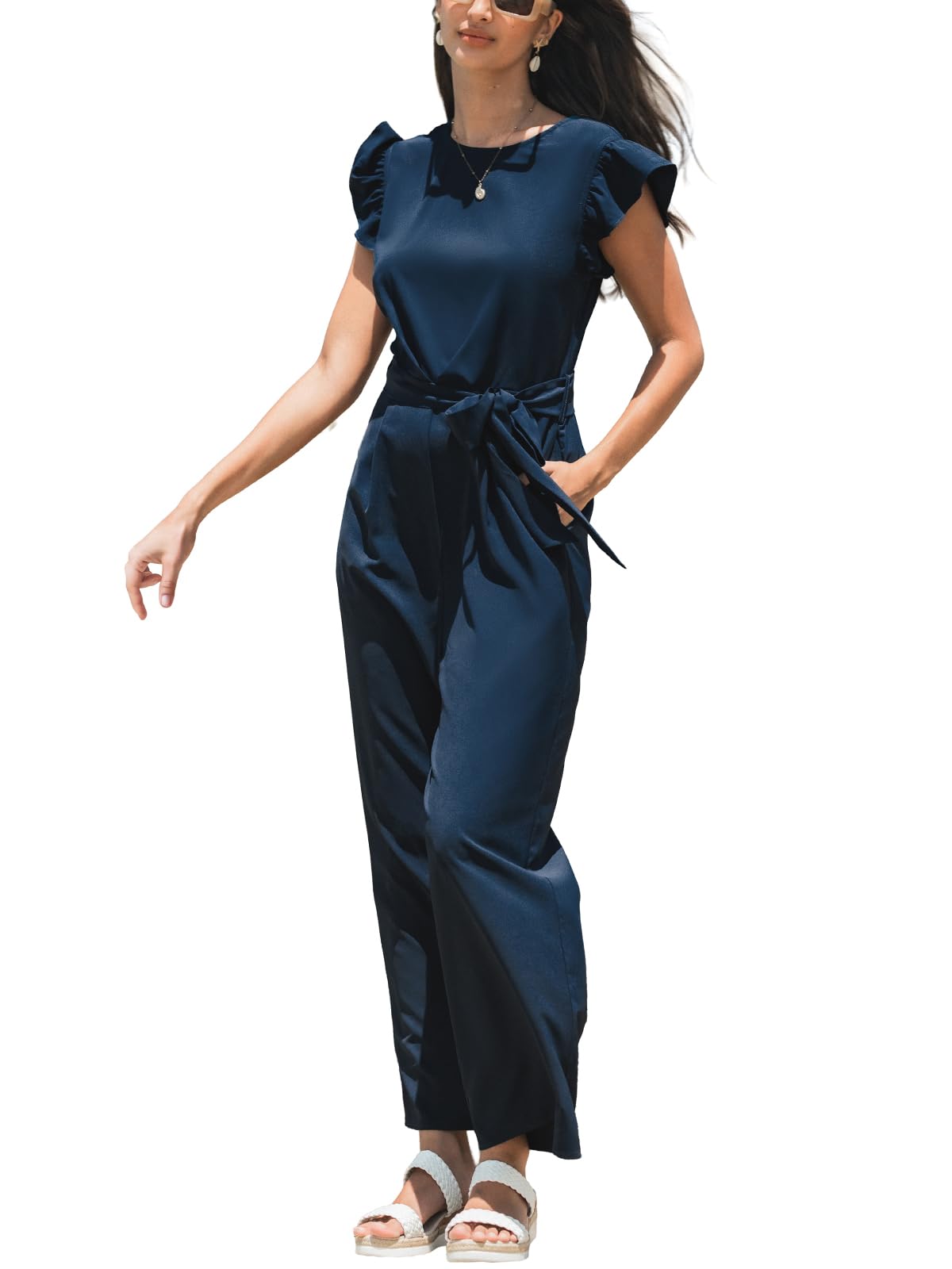 CUPSHE Mono de verano para mujer, cuello redondo, mangas volantes, espalda en V, con cinturón, pierna ancha, elegante, para uso diario