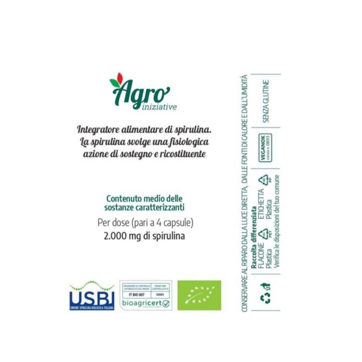 Integratore alimentare con spirulina biologica, coltivata in Italia. Confezione da 100 capsule.