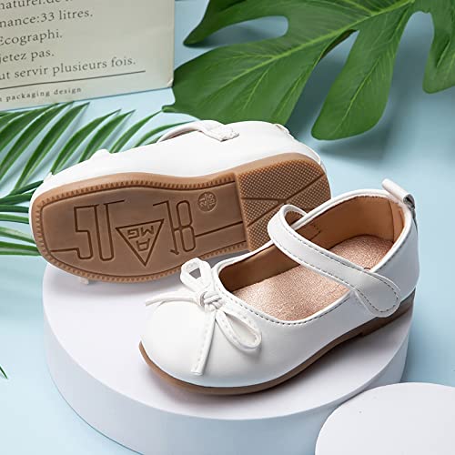 Kids Leather Princess Shoes with Bow Non Slip Children Ballet Girl Student Shoes Girl Barefoot (White, 18-24 Months)4