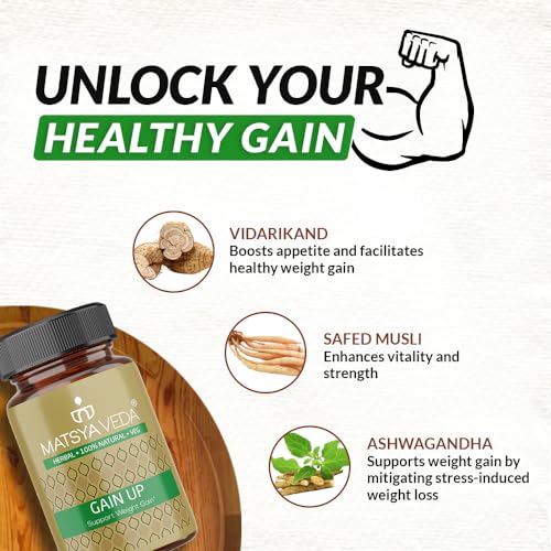 Image of Matsyaveda Gain Up | Herbal Capsules for Rapid Weight and Muscle Gain, Daily Supplement for Muscle Building, Ideal for Boosting Muscle Growth, Stamina, Strength in Both Men and Women (120 Capsules)