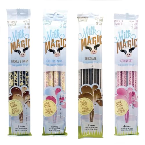 Milk Magic Flavored Straws for Kids | 16 Pack Variety Bundle | Low Sugar & Delicious Milk Flavoring Strawberry Straws Cookies and Cream Chocolate Cotton Candy | Gluten-Free & BPA-Free
