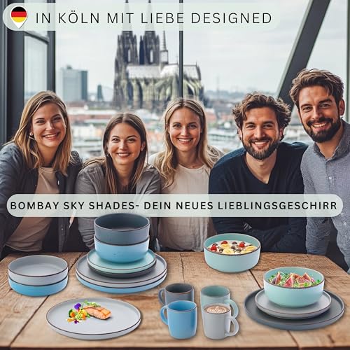 SÄNGER Bombay Sky Shades | Geschirrset 16 teilig, Steingut Geschirr 4 Personen, 4x Speiseteller 4x Dessertteller 4x Schalen 4x Pastateller, Teller Set bunt | VALUE COLLECTION