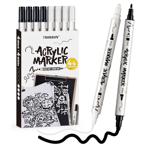 TRANSON 4 Black and 4 White Paint Markers Bold and Fine Dual-tip Acrylic Paint Marker Set for Rock Painting Glass Canvas Wood Leather Ceramic Painting
