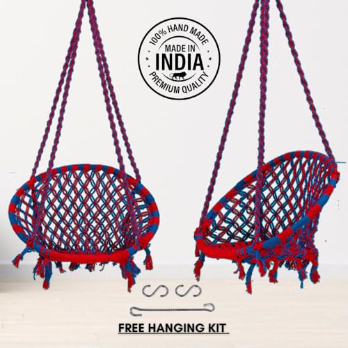 Image of Patiofy Cotton Round Swing Chair for Adults and Kids /Swing for Home, Balcony /Jhula for Adults /Jhoola for Living Room /Suitable for Indoor & Outdoor /with Hanging Kit (Red-Blue)