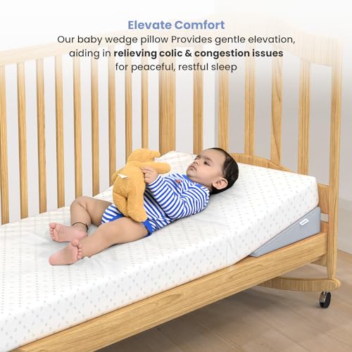 Image of Cherilo Full Size Elevated Wedge Pillow for Baby Crib & Mattress, Elevate Baby to Prevent Acid Reflux, Colic, GERD, Heat Burn & Vomiting | 28 inch x 14 inch x 3.5 inch | - with Removable Velvet Cover - Grey