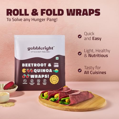 Image of GOBBLERIGHT Beetroot & Quinoa Wraps 150g (6 Wraps - Pack of 2) | 67 Kcal Per Wrap | Healthy Frozen Multigrain Tortilla for Burrito, Shawarma, Tacos | Low-Calorie & High-Protein | Gluten Free & Vegan