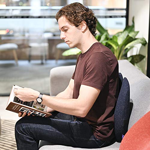 Cushion Lab Extra Dense Lumbar Pillow - Patented Ergonomic Multi-Region Firm Back Support for Lower Back Pain Relief - Lumbar Support Cushion w/Strap for Office Chair, Car, Sofa, Plane - Navy