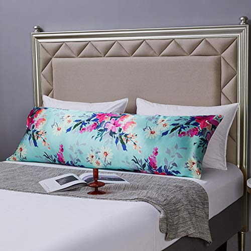 Image of MR&HM Satin Body Pillow Cover, Soft and Breathable Body Pillow Case with Envelope Closure, Cooling and Silky Long Pillowcase for Hair and Skin,Grey (20x54, Vintage Floral)