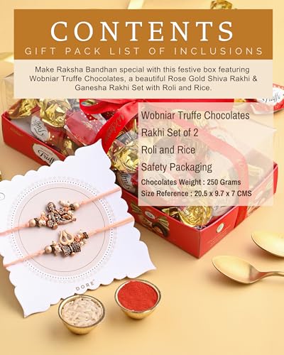 Image of Hyperfoods Rakhi Set for Brother Wobniar Truffle Selection Chocolates Gift Pack 250 Grams Rose Gold Shiva & Ganesha Rakhi Set of 2 with Roli & Rice