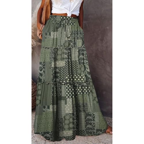 Women's Maxi Skirt,Floral Print Boho Maxi Skirt Elastic High Waist Pleated Ruffle Flowy Long Skirts2