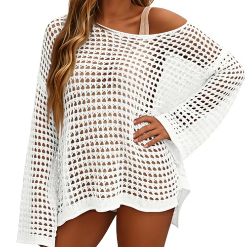 Pull ample en maille ajourée à manches longues pour femme - Pull léger en maille pour la plage...
