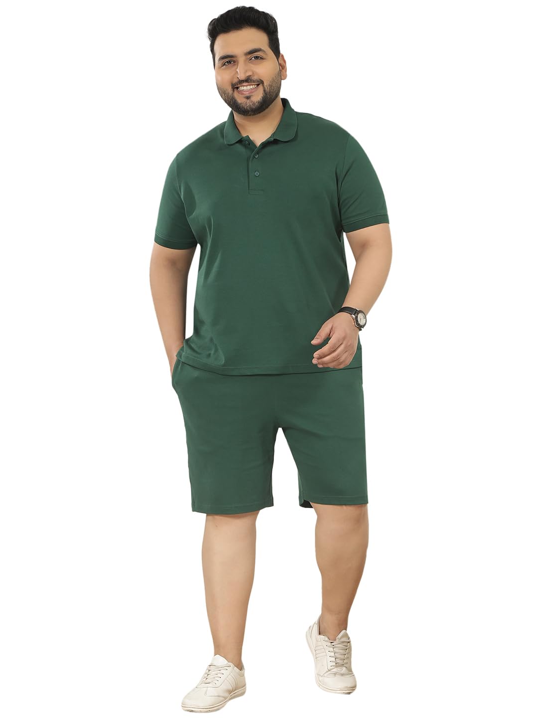 john pride Plus Size Men Stretchable Polo Collar Cotton Solid Green T-Shirt and Shorts Co-Ords-Sets (JPCS83008_Green)-picture-10