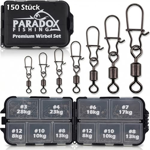 Paradox Fishing Duo-Lock Angel Wirbel Set I enthält Größen #3-#8 150 Stück I Wirbel Angeln Wirbel Angel-Zubehör Set Wirbelsortiment Angelwirbel mit Karabiner (Premium Wirbel Set 150 Stück)