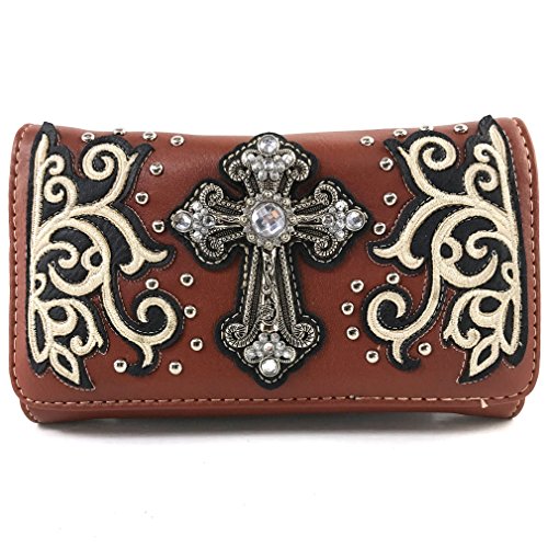 Justin West Western Floral Wing Embroidery Laser Cut Rhinestone Silver Cross Studded Shoulder Tote Handbag Purse Wallet (Brown Creme Wallet) #TOP11