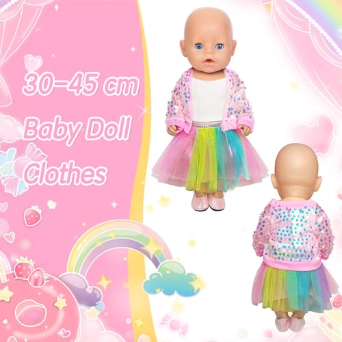 Kleidung Outfits für Baby Puppen, 6 Süße Puppenkleidung 36-45 cm mit Oberbekleidung Unterhemden Rock Schuhe Taschen Haarbänder für Neu Baby Puppe Kleidung Mädchen Geburtstag Geschenk
