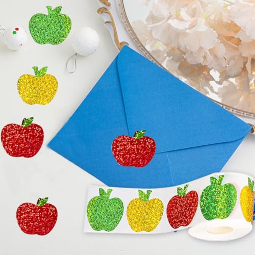 Image of 500Pcs Back to School Apples Stickers Roll 3 Colors Laser Apples Sparkly 1.5in Waterproof Decals Self-Adhesive Stickers for Envelope Scrapbook Decor First Day of School Party Supplies
