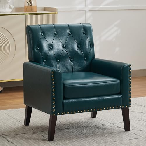 Abbrevi Mid Century Modern Accent Chair, Blue Faux Leather Office Chair for Reception - Tufted Leather Club Chair for Living Room, Bedroom, or Waiting Room
