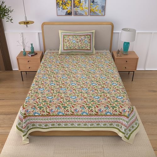 Image of 100% Cotton Single Bedsheet with 1 Pillow Cover | 240 TC Pure Cotton Flat Bed Sheet | Traditional Jaipuri Printed Bedding Set | Soft & Breathable | 60 x 90 Inch (Rangmahal Single 06)