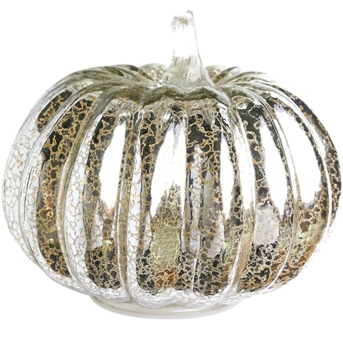Glass Pumpkin Lights Battery-Powered Light Up Pumpkin with Timer Function Durable Tables Centerpieces Fall Decor for Halloween Thanksgiving Autumn Harvest Pumpkin Decorations Silver