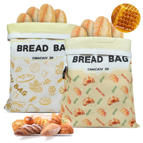 2-Pack Beeswax Bread Bag,17"×13"Reusable Organic Bread Bags for Homemade Bread Sourdough,Linen Outer Lining and Pure Cotton Beewax Inner Lining Moisture-proof &Fresh-Preserving Bags Keeps Fresh Longer