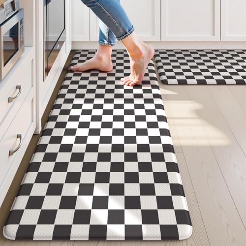 KIMODE Anti Fatigue Kitchen Mat for Floor, 17'x47'+17'x29' Checkered Kitchen Rugs Sets of 2, Kitchen Floor Mats Non-Slip, Cushioned Standing Desk mat for Sink Laundry Office Black and White