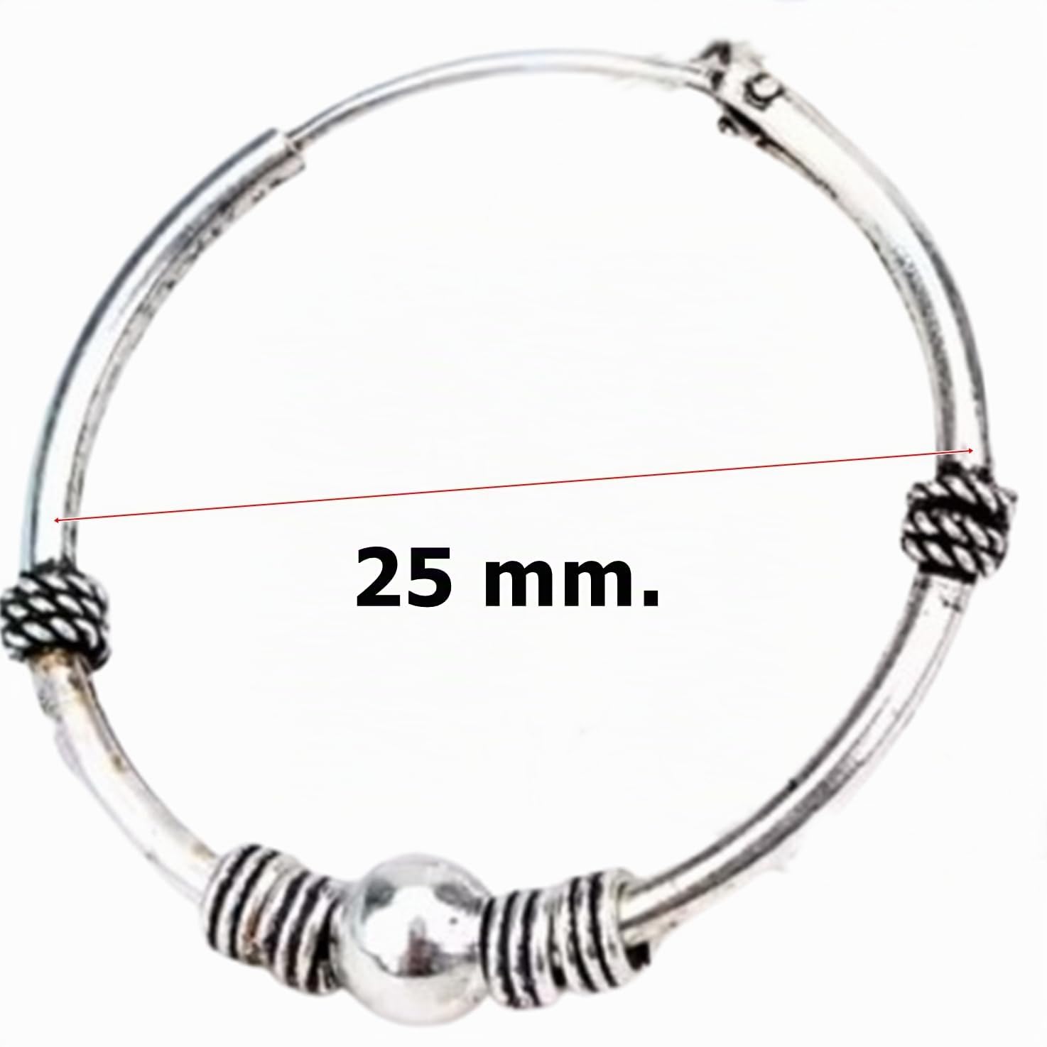 Aro de Plata 925 Estilo Bali Pendiente Criolla Piercing Unisex Hecho a Mano de 25 mm Diseño Étnico Artesanal en Plata de Ley Modelo 36