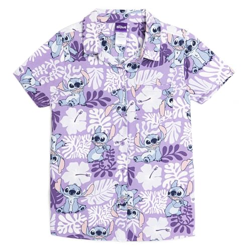 Disney Lilo & Stitch Big Girls Hawaiian Button Down Dress Shirt Purple 14-16