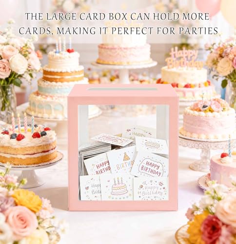 Image of SietDESEO Pink Card Box for Party with Clear Window Large Gift Card Box Holder for Wedding Reception Birthday Graduation Baby Shower Raffle Ticket Box