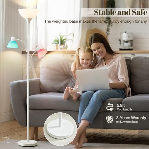 Image of White Floor Lamp, 72 inch Tall Standing Floor Lamp with 5 Replace Lampshades | Torchiere Lamps with 8W Adjustable Reading Lights, Floor Lamps for Living Room, Bedroom, Office, Bulbs Included