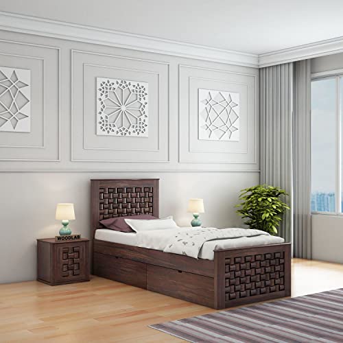 Image of WOODLAB Furniture Sheesham Wood Single Size Bed with Drawer Storage and Niwar Style Headboard | Wooden Single Cot Bed Palang for Home Living Room Bedroom and Hotel (Walnut Finish)