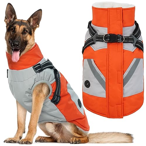 IECOii Dog Jacket Winter Harness Built in -Orange,XXXLarge- Zip Up Dog Coat Winter Clothes for Large Dogs Waterproof, Dogs Snowsuit Snow Jacket D-Rring Labrador German Shepherd Doberman Rott