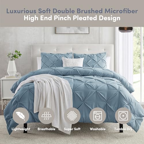 Image of Nestl Stone Blue Duvet Cover King Size - Soft Double Brushed Duvet Set with Button Closure & Corner Ties, 3 Piece Luxurious Pinch Pleated Duvet Cover Set 104x90 Inches with 2 Pillow Shams