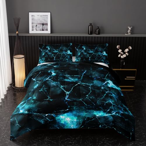 Image of Nttopship Blue Comforter Set King Size,Blue Marble Bedding Set 3 Pcs Bedding for Adults, Marble Room Decor with Comforter and 2 Pillowcases Soft and Lightweight B-Side Black