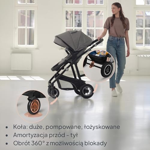 LIONELO BIANKA Wózek Spacerowy Dziecięcy 3 w 1 do 22 kg Gondola Fotelik Samochodowy do 13 kg, Składany, System Podróżny Regulacja Oparcia Koła 360o Amortyzacja, Daszek XXL (Czarny)