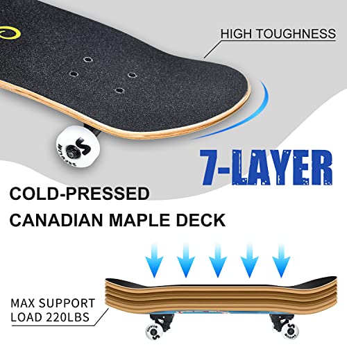 Image of 31 x 8 Inch Complete Skateboard 7 Layer Canadian Maple Double Kick Deck Concave Cruiser Trick Skateboard for Boys Girls Teens Adults Beginner