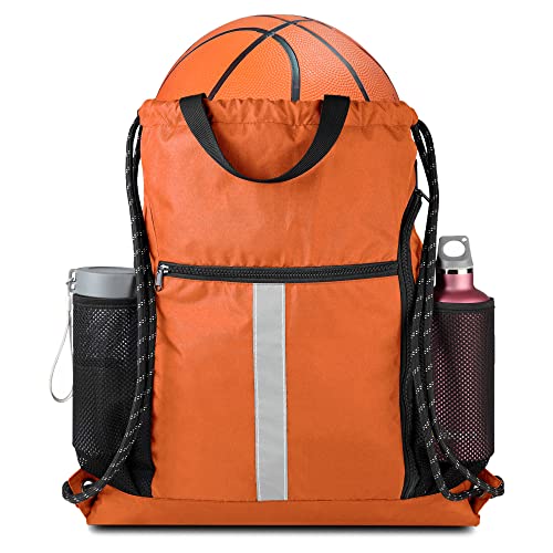 Image of BeeGreen Orange Drawstring Backpack Bag Cinch Sack with Shoe Compartment and Two Side Mesh Pockets Lightweight Large Sturdy Drawstring Gym Sackpack For Unisex