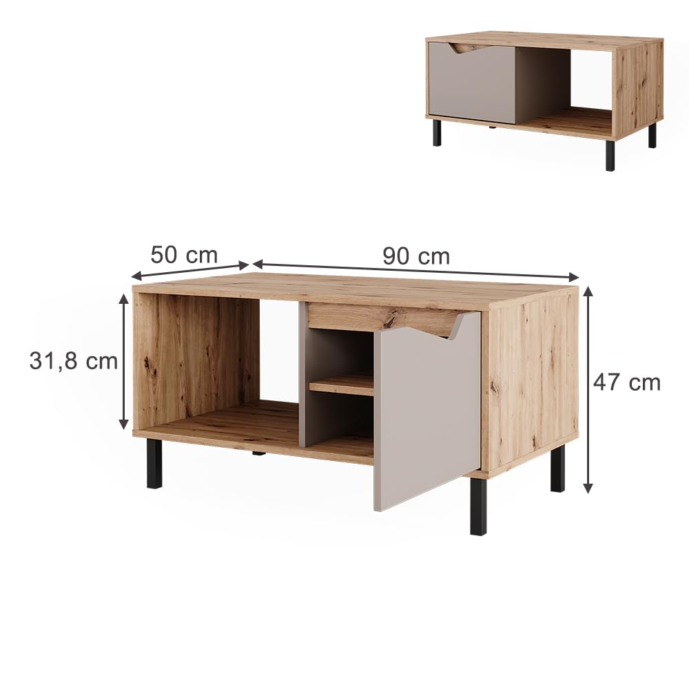 Vicco Couchtisch Marelle, Greige/Artisan, 90 x 50 cm | mit 1 Tür, offenem Ablagefach für zusätzliche Aufbewahrungsmöglichkeiten