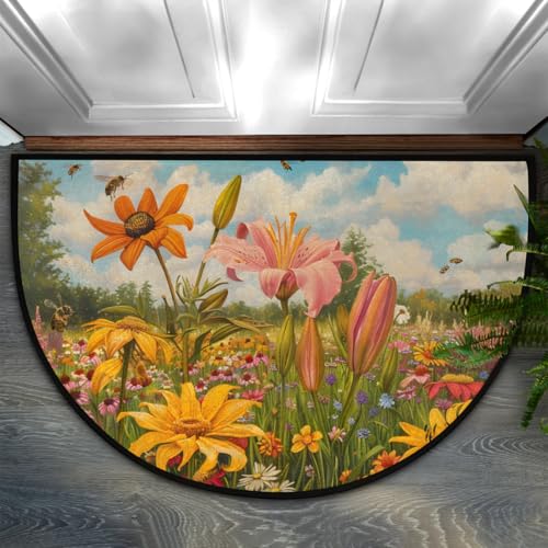 Image of cfpolar Half Round Door Mat Vintage Floral Non-Slip Semi Circle Area Rug Washable Half Moon Hearth Rugs for Indoor Outdoor Bathroom Kitchen Patio Runner Mat Laundry Room Home Decoration