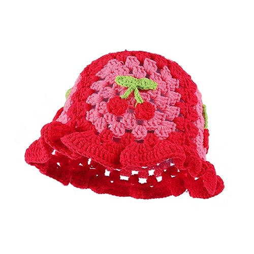 Fiewmay Crochet Bucket Hat for Women Handmade Floral Hat Portable Knitted Elastic Cute Beach Hat for Vacation Traveling(Cherry Red)