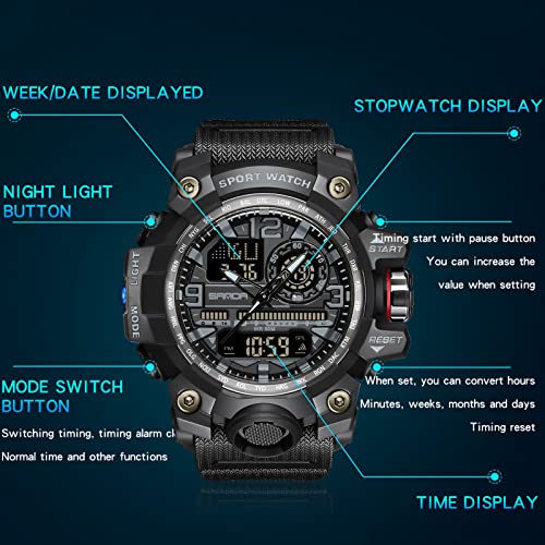 Wishfan Men’s Military Watch, Dual-Display Waterproof Sports Digital Watch Big Wrist For Men With Alarm (Black) #TOP5