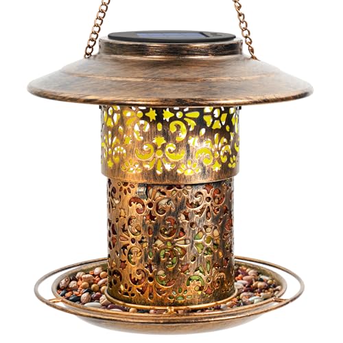 DY-SKTY Metal Bird Feeder for Outdoor Hanging, Large Capacity Solar Wild Bird Feeder with Drainage Holes,Landing Ring, Solar Lanterns for Garden Decoration, Unique Bird Watching Gift for Outside