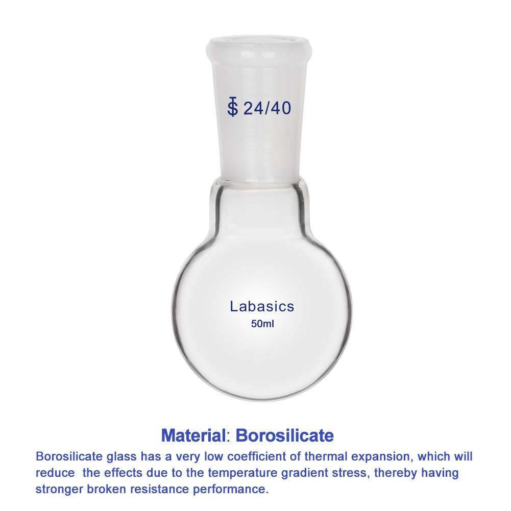 Glass 50ml Single Neck One Neck Round Bottom Flask RBF, with 24/40 Standard Taper Outer Joint, 50ml