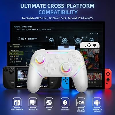 EJGAME Wireless Controller Compatible with Switch/Switch 2/Windows PC/Steam Deck/Android, Switch Pro Controller with Hall Effect Joysticks and Triggers,with USB Bluetooth Adapter for PC (White)